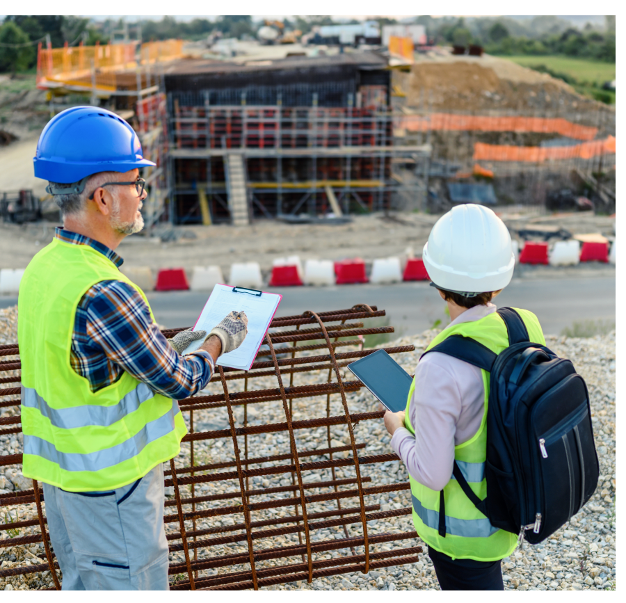 Construction workers reviewing site plans together.