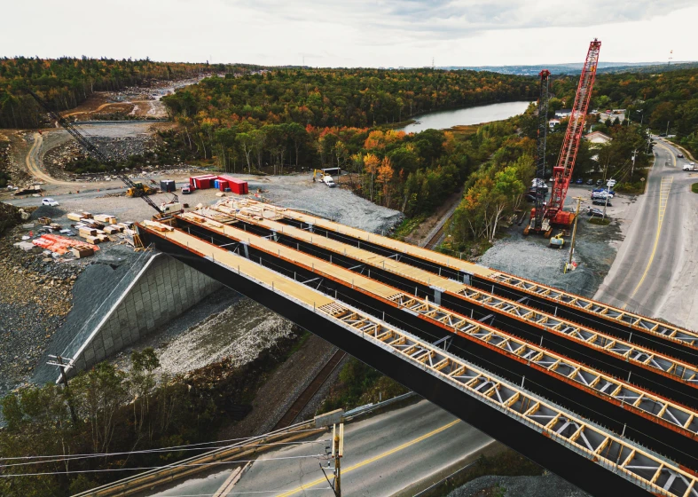 Aerial view of bridge under construction